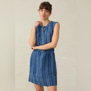 Faherty Blue Linen Striped Avalon Sleeveless Dress with Belt - Dockside Stripe